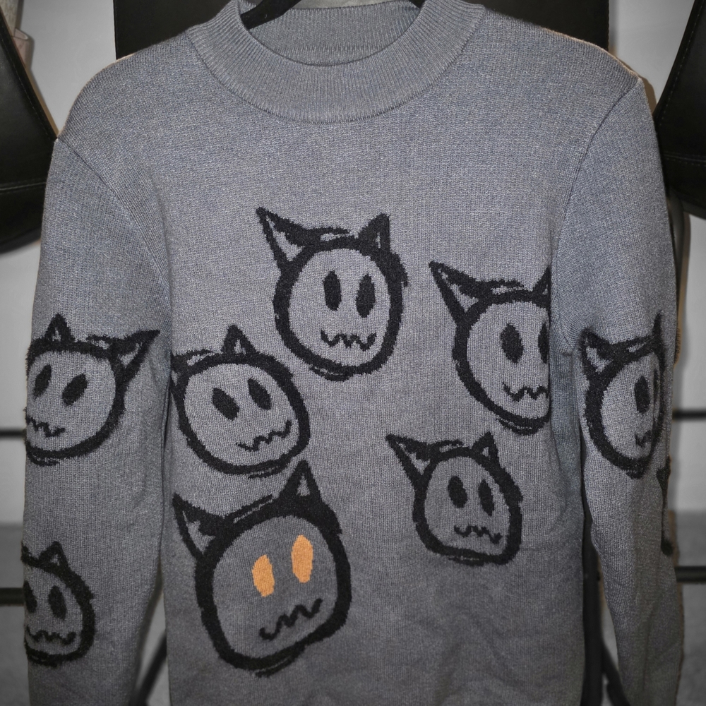 Gray Crewneck Sweater with Black Cat Faces